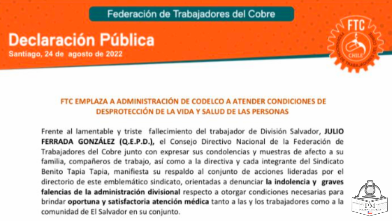  FTCobre emplaza a administración de Codelco por fallecimiento de un trabajador.